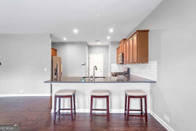 kitchen with stainless steel appliances, dark hardwood / wood-style floors, sink, and kitchen peninsula