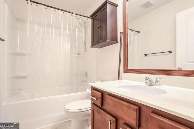 full bathroom with vanity, toilet, and shower / bath combination with curtain