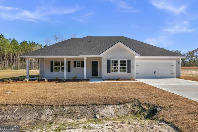 ranch-style house with a porch and a garage