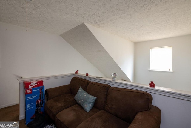 living area featuring lofted ceiling and a textured ceiling