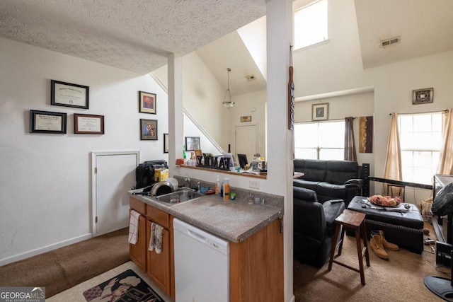 kitchen with a textured ceiling, sink, dishwasher, and carpet floors