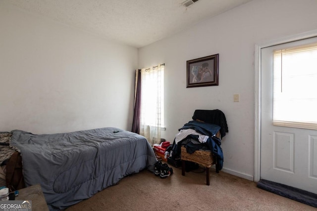 bedroom with multiple windows, light carpet, and a textured ceiling