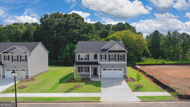 view of front of house featuring a garage, covered porch, and a front lawn