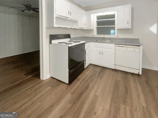 828 Pinevalley Dr, Forest Park, GA 30297 - kitchen featuring white dishwasher, range with electric stovetop, a sink, dark wood-type flooring, and white cabinets