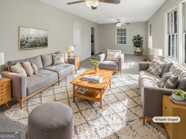 living room featuring ceiling fan