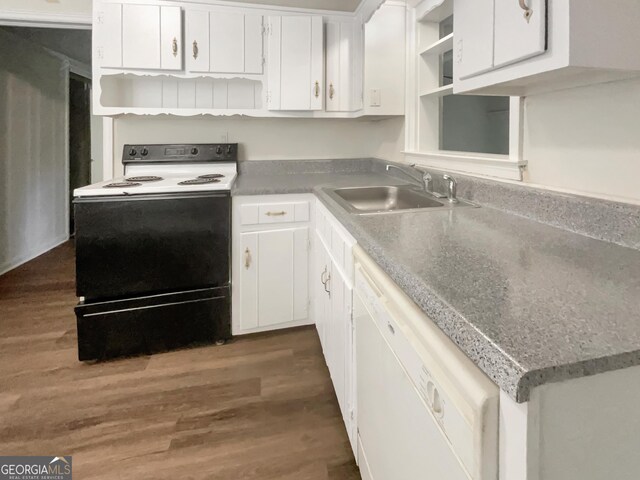 828 Pinevalley Dr, Forest Park, GA 30297 - kitchen with open shelves, white appliances, a sink, and white cabinetry