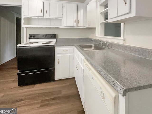 828 Pinevalley Dr, Forest Park, GA 30297 - kitchen featuring open shelves, white appliances, a sink, and white cabinetry