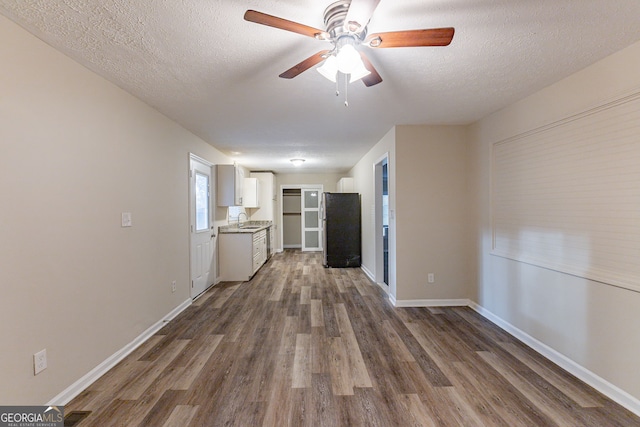 interior space with ceiling fan, a textured ceiling, sink, and dark hardwood / wood-style flooring