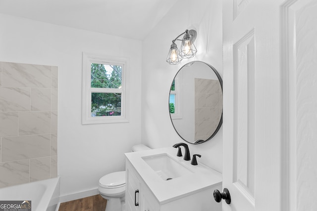 bathroom with toilet, vanity, and hardwood / wood-style floors