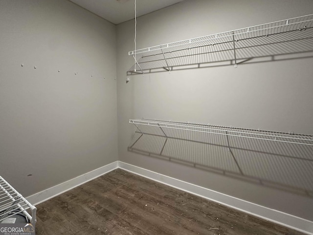 walk in closet with dark wood-type flooring