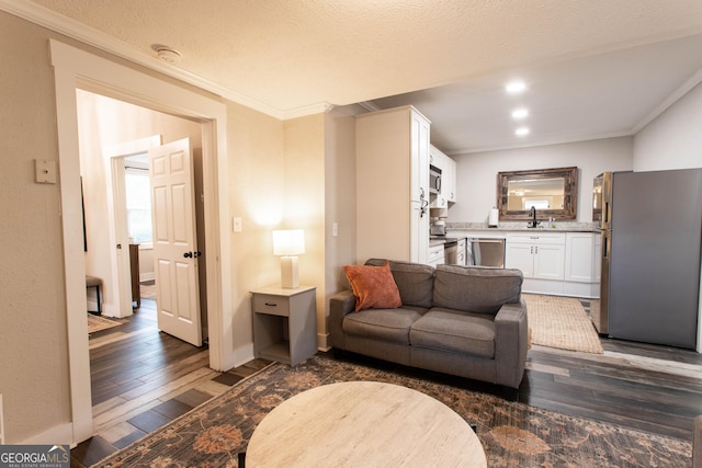 living area with a textured ceiling, dark wood-style flooring, baseboards, and crown molding