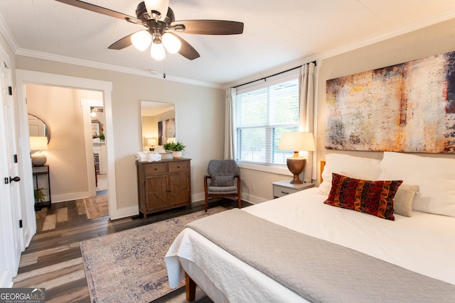 bedroom with a ceiling fan, baseboards, ornamental molding, and wood finished floors