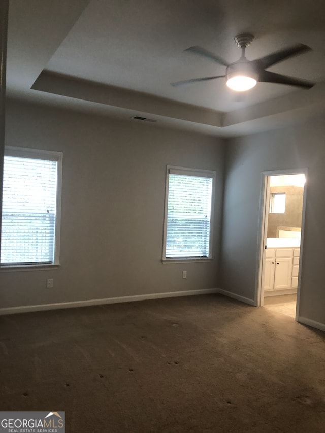 carpeted spare room featuring a wealth of natural light, ceiling fan, and a raised ceiling