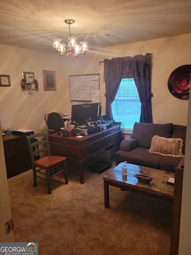 office space with carpet and an inviting chandelier