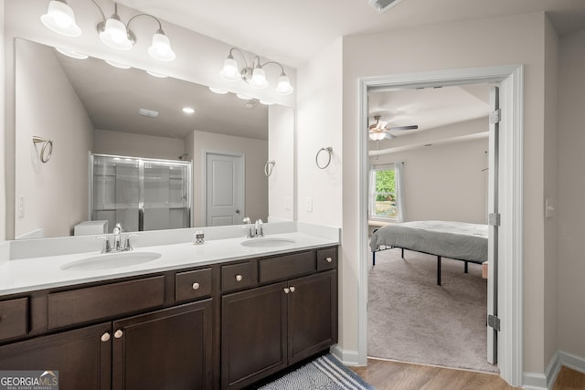 full bathroom featuring a sink, double vanity, wood finished floors, and a shower stall