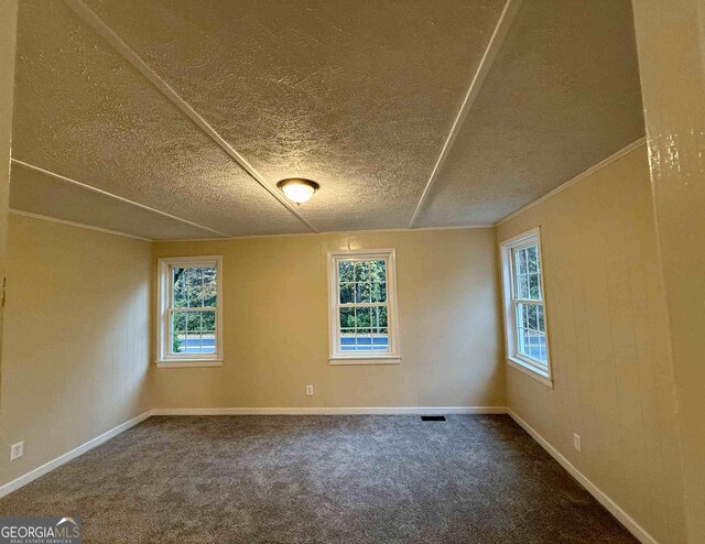 carpeted spare room with a textured ceiling