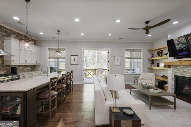 living room with crown molding, sink, hardwood / wood-style flooring, ceiling fan, and a fireplace