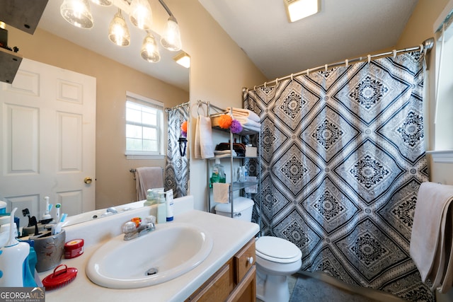 bathroom featuring toilet, vanity, and curtained shower