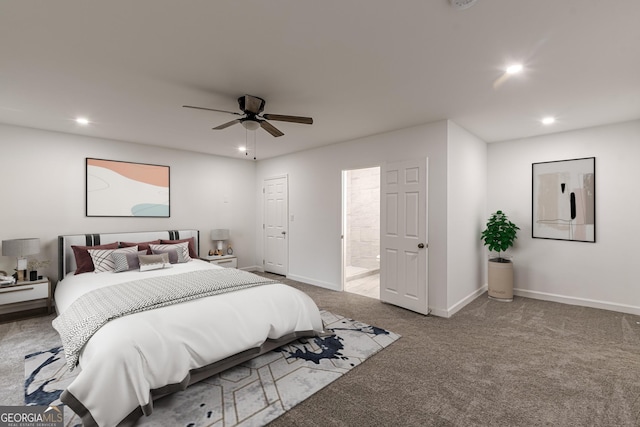 bedroom with ceiling fan and carpet floors