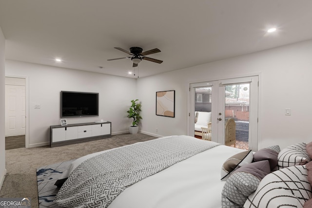 carpeted bedroom featuring access to outside, ceiling fan, and french doors