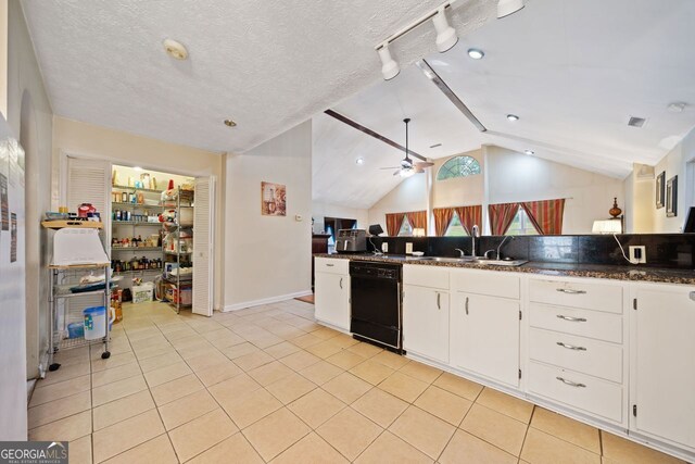 kitchen featuring dishwasher, white cabinetry, lofted ceiling, and a textured ceiling