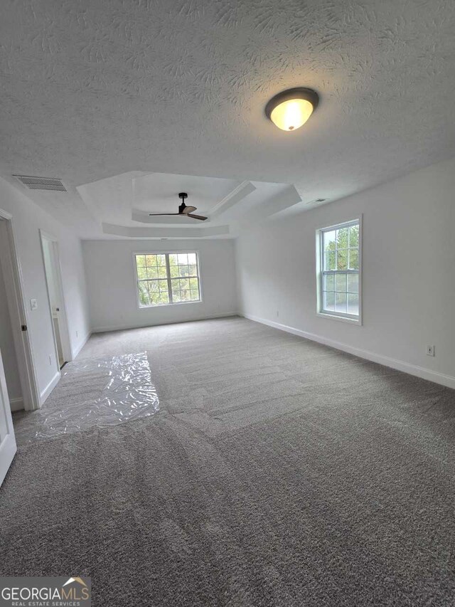 carpeted empty room featuring a textured ceiling, a wealth of natural light, ceiling fan, and a tray ceiling