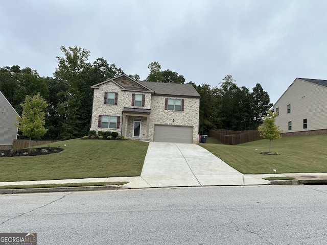 front facade with a garage and a front yard