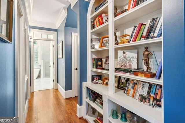 corridor featuring light hardwood / wood-style floors and ornamental molding