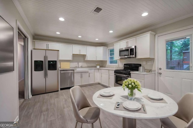 kitchen featuring white cabinets, crown molding, a healthy amount of sunlight, and stainless steel appliances