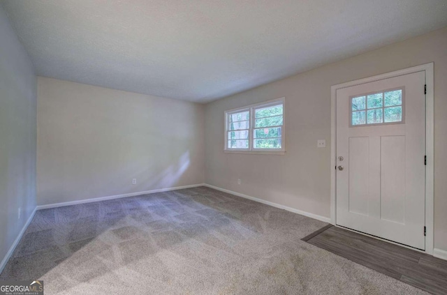 foyer with carpet and a textured ceiling