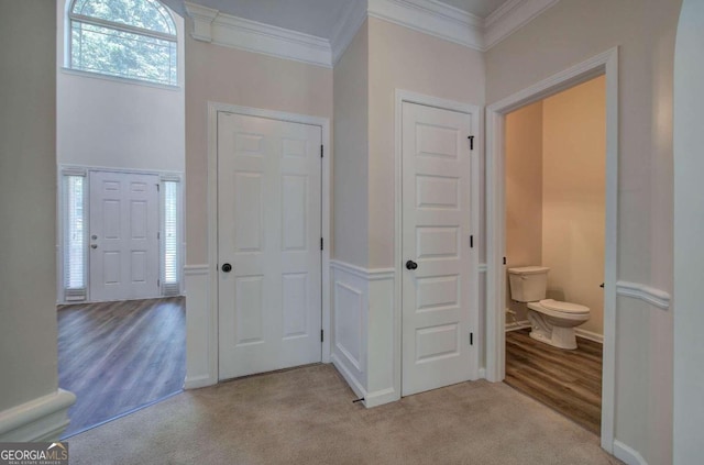 interior space with a wealth of natural light, light colored carpet, and ornamental molding