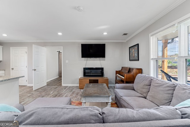 living room featuring ornamental molding and light hardwood / wood-style floors