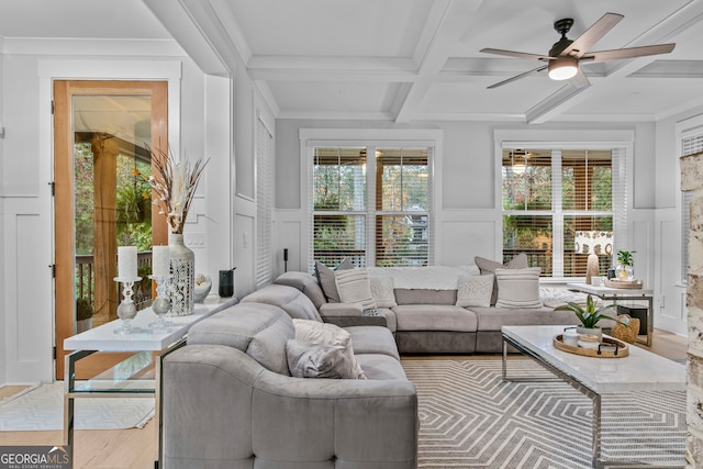 sunroom / solarium featuring ceiling fan, beam ceiling, and coffered ceiling