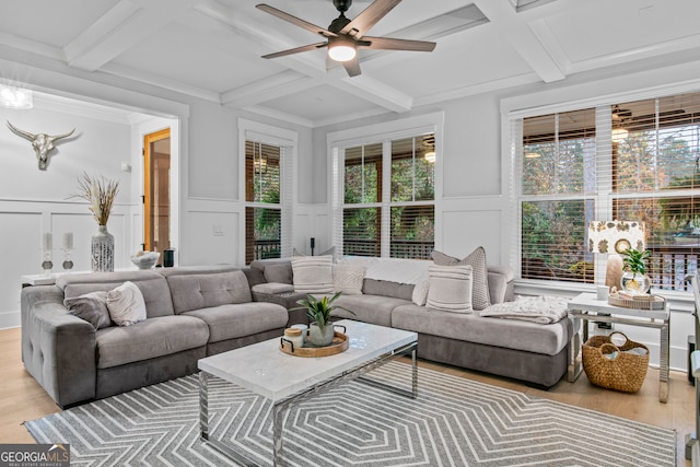 sunroom / solarium featuring beamed ceiling and coffered ceiling