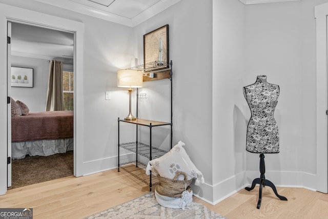 interior space with wood-type flooring and crown molding