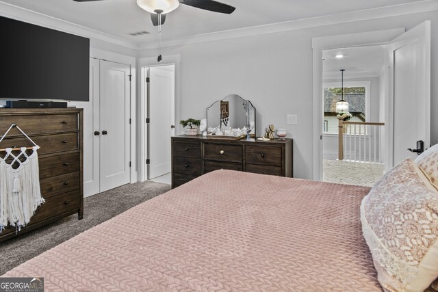 265 Federal St, Athens, GA 30607 - bedroom featuring carpet floors, crown molding, and a ceiling fan