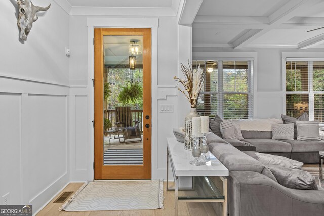 265 Federal St, Athens, GA 30607 - entryway with a decorative wall, beam ceiling, wood finished floors, coffered ceiling, and a wainscoted wall