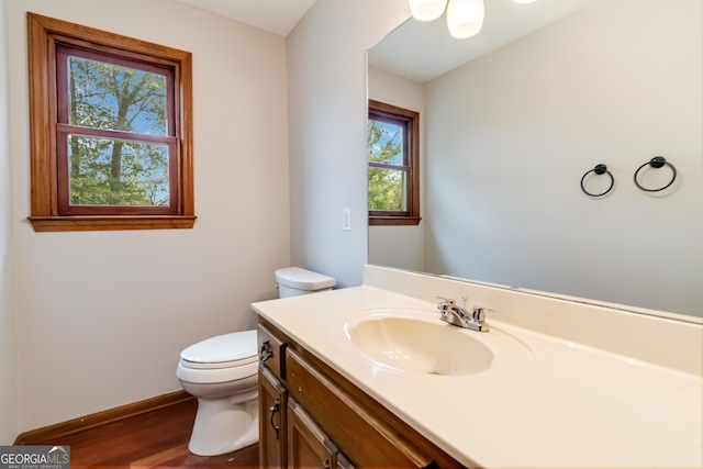 bathroom with a wealth of natural light, vanity, hardwood / wood-style flooring, and toilet