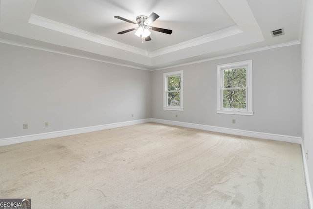 spare room with light carpet, crown molding, and a tray ceiling