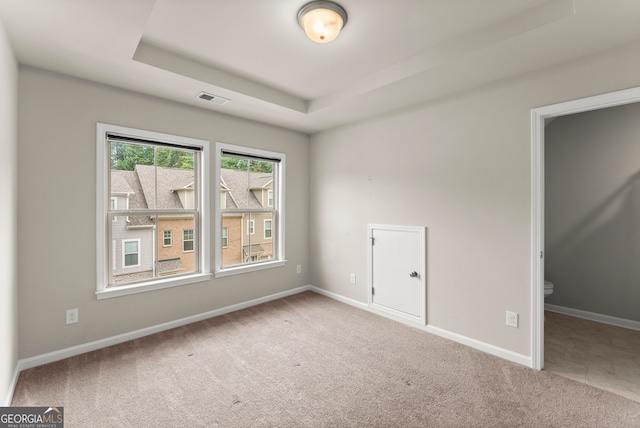 unfurnished bedroom featuring a tray ceiling and light colored carpet