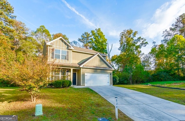 craftsman-style house with a garage and a front lawn