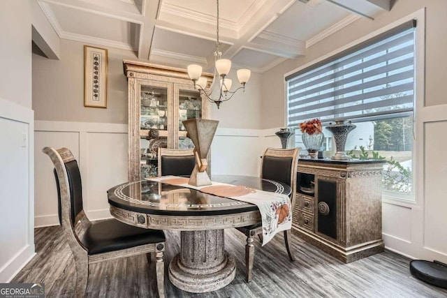 dining space featuring hardwood / wood-style floors, a notable chandelier, coffered ceiling, ornamental molding, and beam ceiling