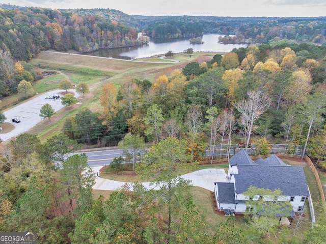 drone / aerial view featuring a water view