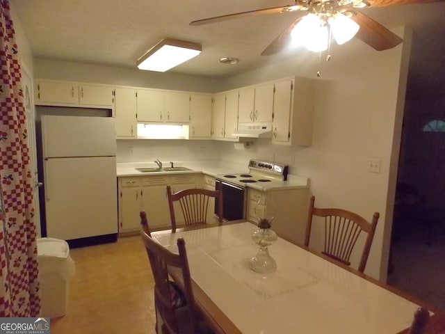 kitchen featuring white cabinets, white appliances, ceiling fan, and sink