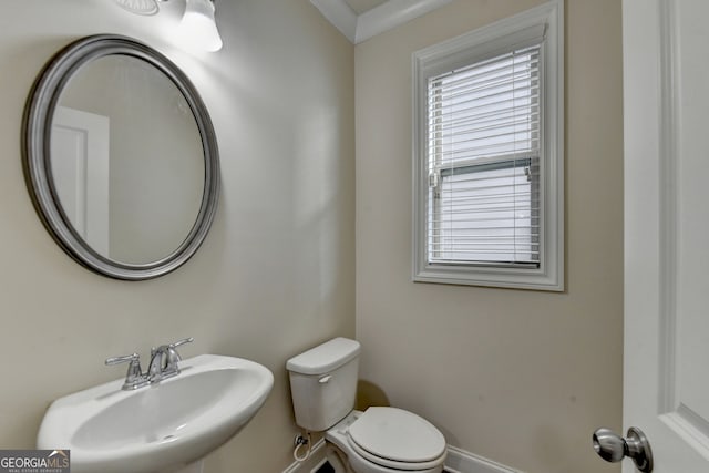 bathroom with sink, toilet, and ornamental molding