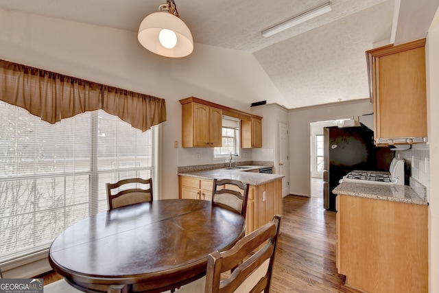 dining area featuring lofted ceiling, sink, light hardwood / wood-style floors, and a textured ceiling