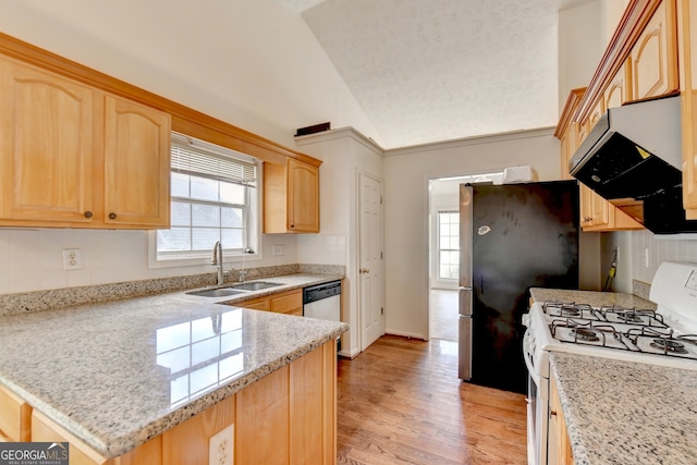 kitchen with range hood, light brown cabinets, light hardwood / wood-style floors, white appliances, and lofted ceiling