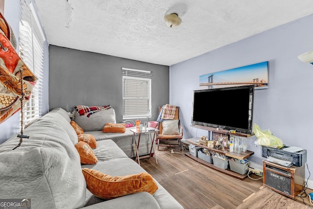 living room with hardwood / wood-style floors and a textured ceiling