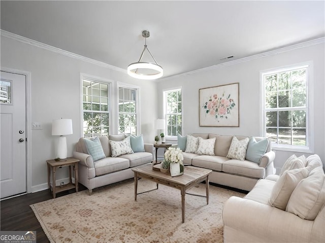 living room with hardwood / wood-style floors, a wealth of natural light, and crown molding