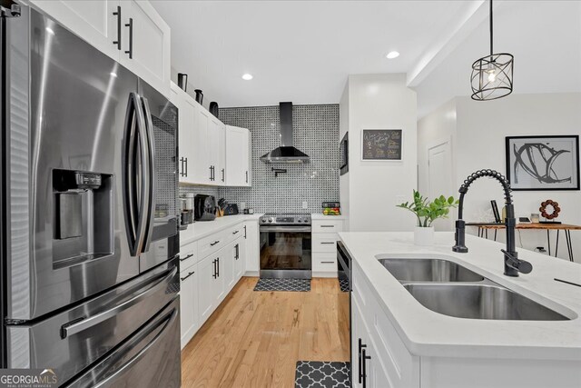 kitchen with white cabinetry, sink, wall chimney exhaust hood, and stainless steel appliances